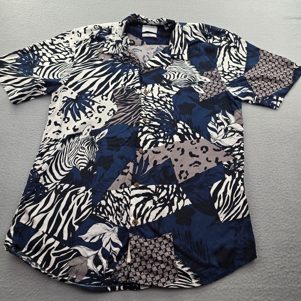 Only & Sons Camp Shirt Mens Large Blue Zebra Tropical Patchwork Vacation Safari